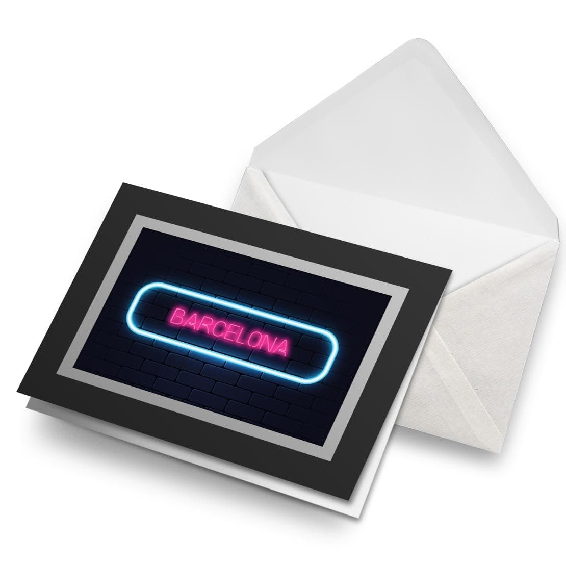 Greeting Card Black & Silver (Photo Insert) - Neon Sign Design Barcelona City Spain - Blank Birthday Celebration Anniversary, Envelope Included #350010