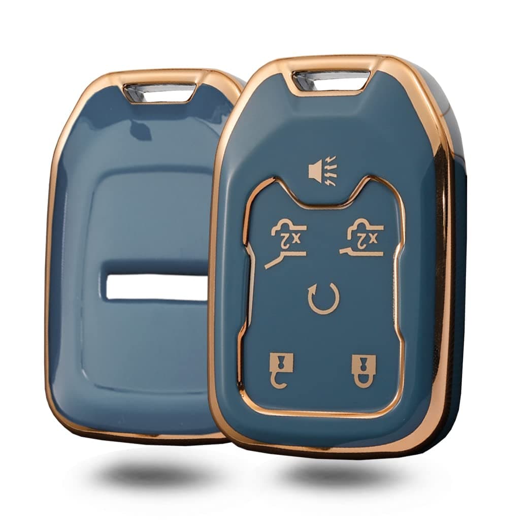 SANRILY Gold Edge Soft TPU 6 Button Key Fob Cover for Chevrolet Suburban Tahoe and for GMC Sierra Yukon Yukon XL Keyless Key Shell with Keychain Grey-Blue