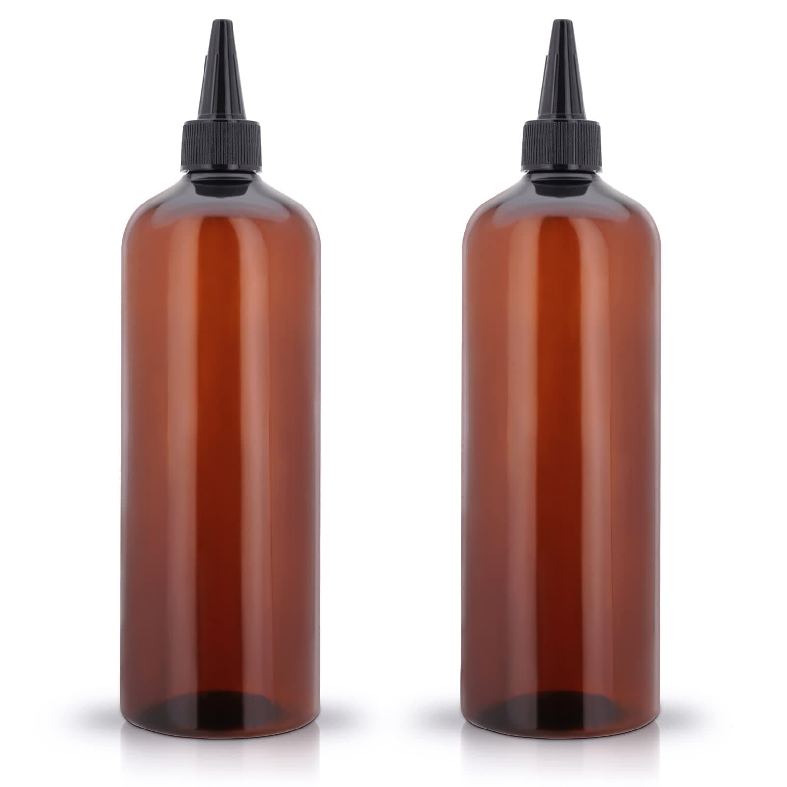 Cosywell Applicator Bottles for Hair - 2 Pack, 16 Ounce Oil Bottles with Cap, PET Plastic, Refillable, Brown