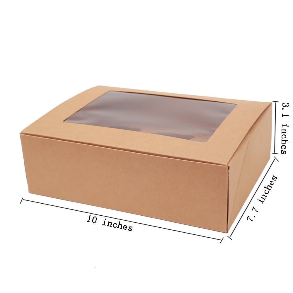 ezek Kraft Paper , Professional Bakery Boxes, Cookies, Cupcake, Muffin Containers Carriers with Display Windows and Insert.6 Holders,Quick Assembly Without Glue. Sets of 4.