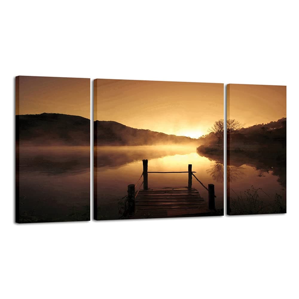 Canvas Prints Wall Art Sunset Beach Picture Paintings for Living Room Bedroom Decor Home Decorations Misty Lake 3 Piece Modern Stretched and Framed Contemporary Giclee Landscape Artwork