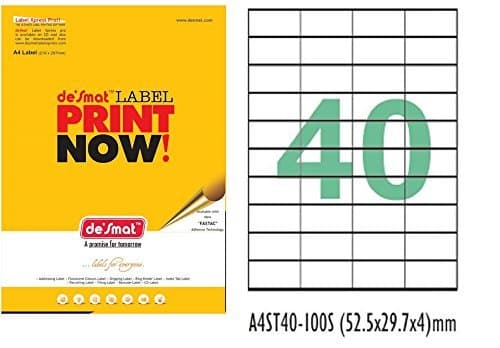 Desmat A4 Size Paper Labels Sticker for Laser, Inkjet & Copiers (40 Label Sheet)100 Sheets)