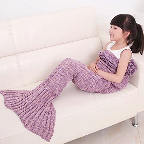 ILSELL Handcrafted Mermaid Tail Blanket, Crochet Knitting Little Sofa Blanket Kids Soft Rug Sleeping Bag (Kids, Pale Pink)