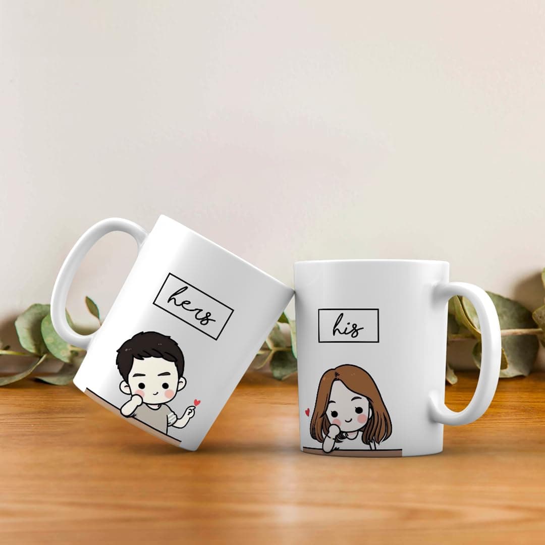MUGDOG His & Her Couple Mug Set | 350 ml White Ceramic Coffee Cups | Matching Mugs for Couples | Coffee Mugs Set of 2