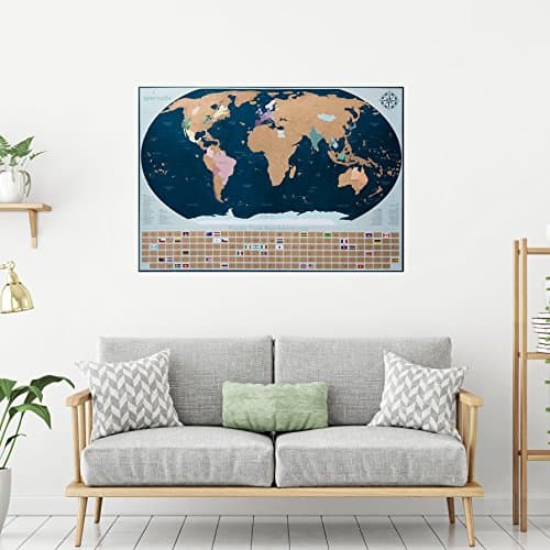 Scratch Off World Map Poster & Travel Map - Perfect Gift for Travelers - with Bonus Accessories, Country Flags and United States Outlined - Artist Designed Vibrant Colors, by Seenada Goods