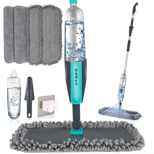 SDARISB Microfiber Spray Mop for Floor Cleaning Wet Dry, Home Kitchen Hardwood Floor 360° Spin Flat Dust Mops with 12 FL.OZ. Refillable Bottle 4 Microfiber Reusable Pads 1 Scrubber and 1 Mop Holder