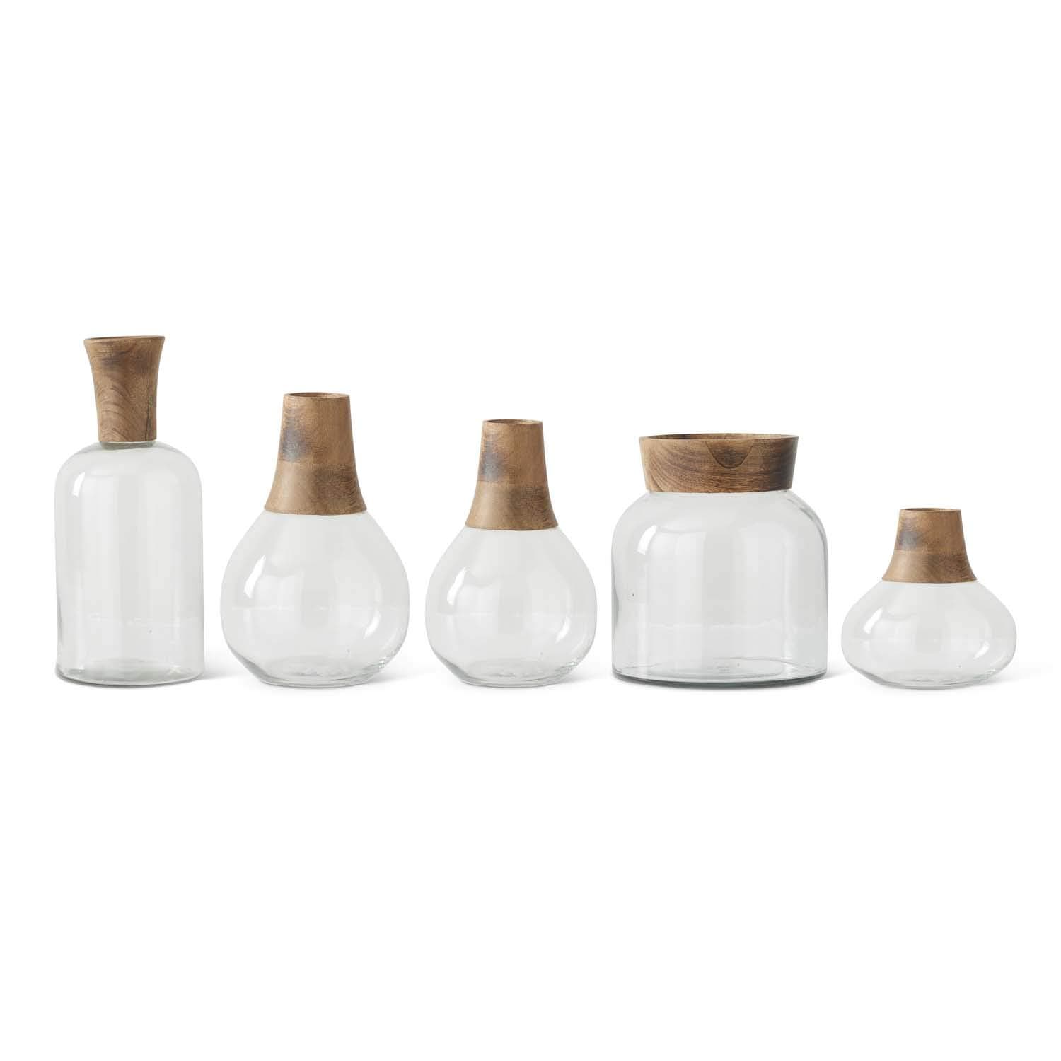 K&K Interiors 15198A Glass and Wood, Set of 5 Small Vases