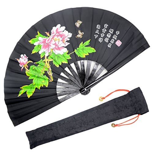 OMyTea Performance Large Hand Folding Fan - Chinese/Japanese Kung Fu Tai Chi Handheld Fan for Men/Women - For Decorations/Dancing/Fighting/Gift (Black Peony)