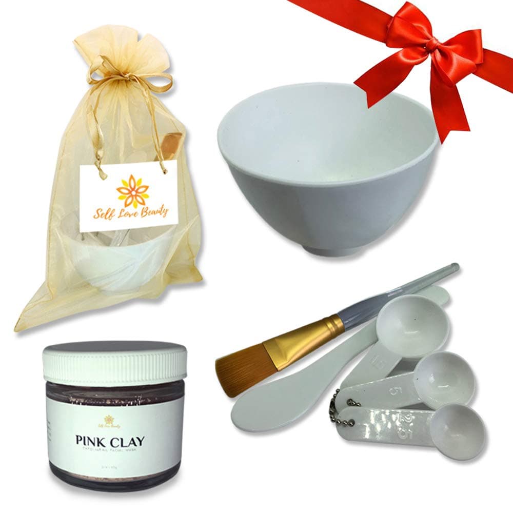 Facial Pink Clay Mask and Mixing Silicone Bowl & Tool Set- DIY with FREE Gold Bag, Brush, White Spatula, Measuring Spoons| For Deep Pore Cleansing With Secret Indian Healing Bentonite Clay Mask