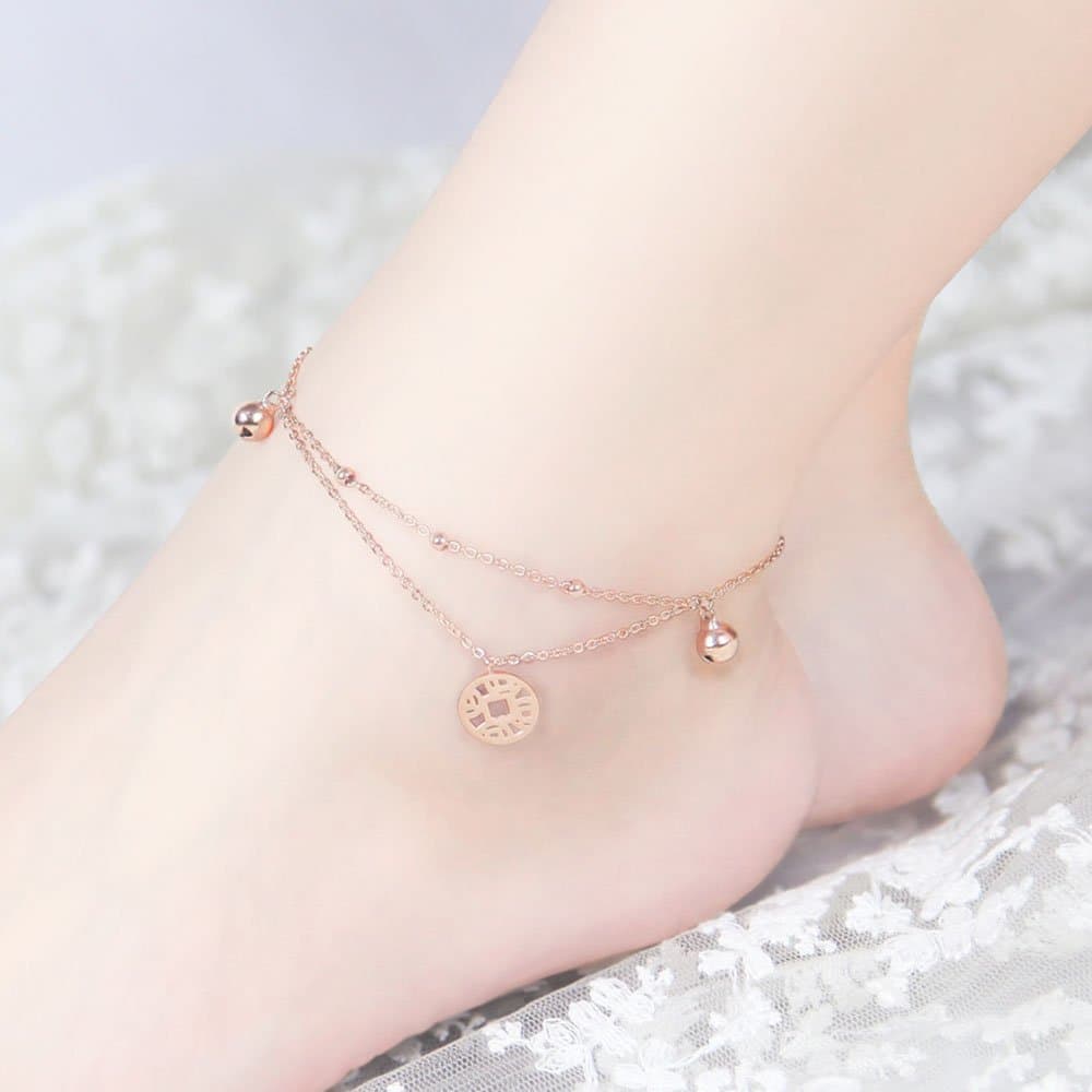Rose Gold Plated Stainless Steel Coin Cable Chain Anklet, 8"+2"