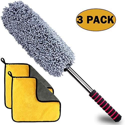 Anumit Microfiber Duster, Ultra Soft Car Duster with Long Extendable Handle, 2 Lint Microfiber Cleaning Cloths, Multipurpose Duster Pollen Removing for Exterior Interior, Home, Office and More