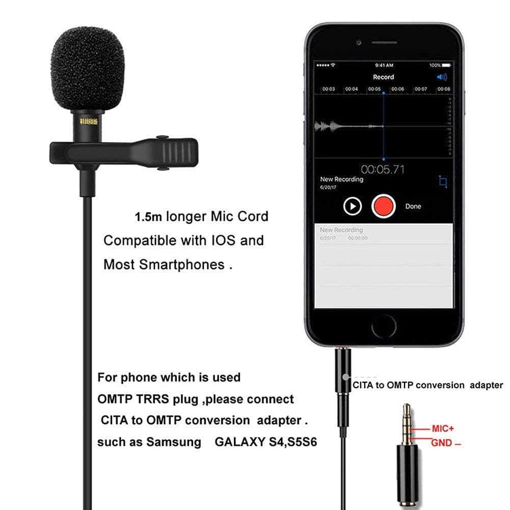 COOLBABY Professional Grade Lavalier Lapel Microphone - Omnidirectional Mic With Easy Clip On System - Perfect For Recording Youtube/Interview/Video Conference/Podcast/Voice Dictation/Iphone/Asmr