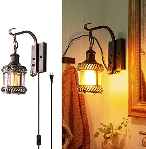 Retro Wall Light Fixtures, 2-in-1 Antique Bronze Vintage Wall Lighting Hardwired Plug in Industrial Lantern Retro Lamp Metal Wall Sconce for Bedside Bedroom Home Dining Room(1 Pack)
