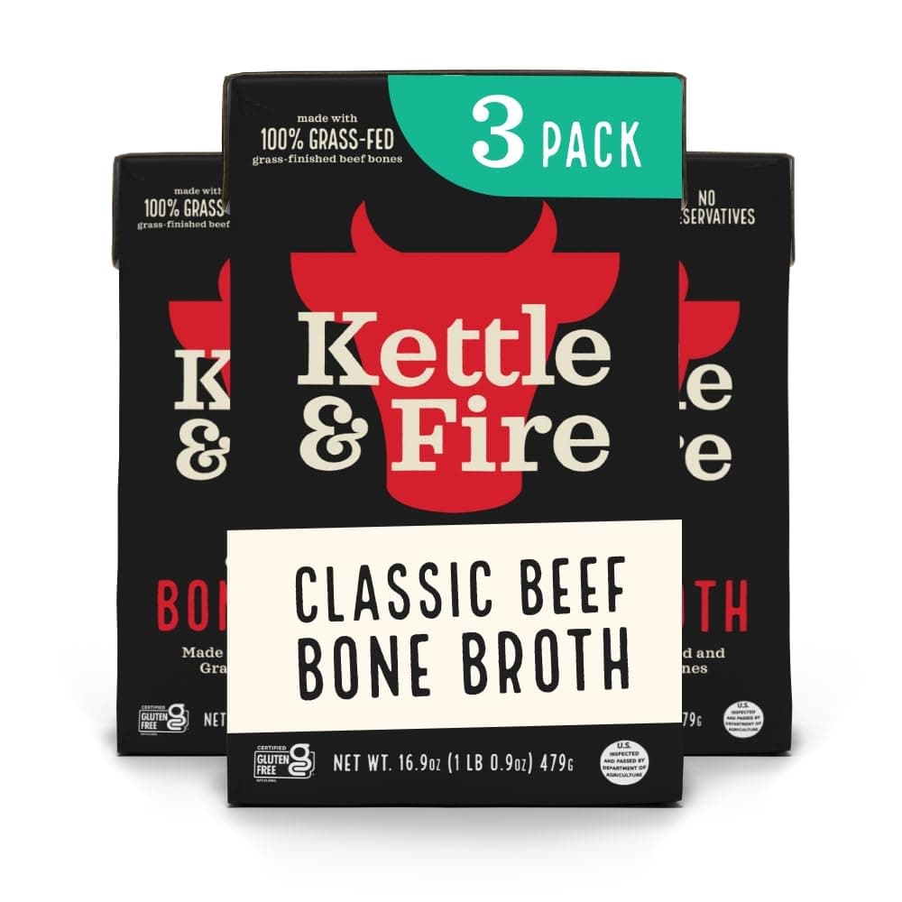 Kettle and Fire Classic Beef Bone Broth, Keto, Paleo, and Whole 30 Approved, Gluten Free, High in Protein and Collagen, 3 Pack