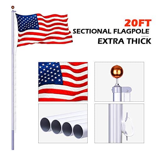 GOGODUCKS 20FT Upgraded Sectional Flagpole Extra Thick Aluminum Kit Garden Halyard with 3'X 5' US Flag for Outdoor Residential Commercial Outdoors Décor，Gold Ball and Silver Rope PVC Sleeve as Free