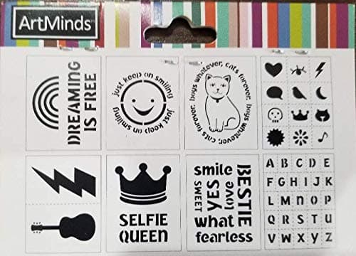 ArtMinds DIY Now Selfie Queen Laser Adhesive Stencils Set of 8 Dreaming is Free Guitar Lightening Bolt Crown Cat Emoji Bestie Alphabet Rainbow