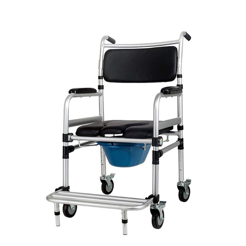 TKLLOVE Folding Commode Chair with Brake Wheel Mobile Toilet Bath Stool Height Adjustable Waterproof and Moisture Proof Medical Care Use