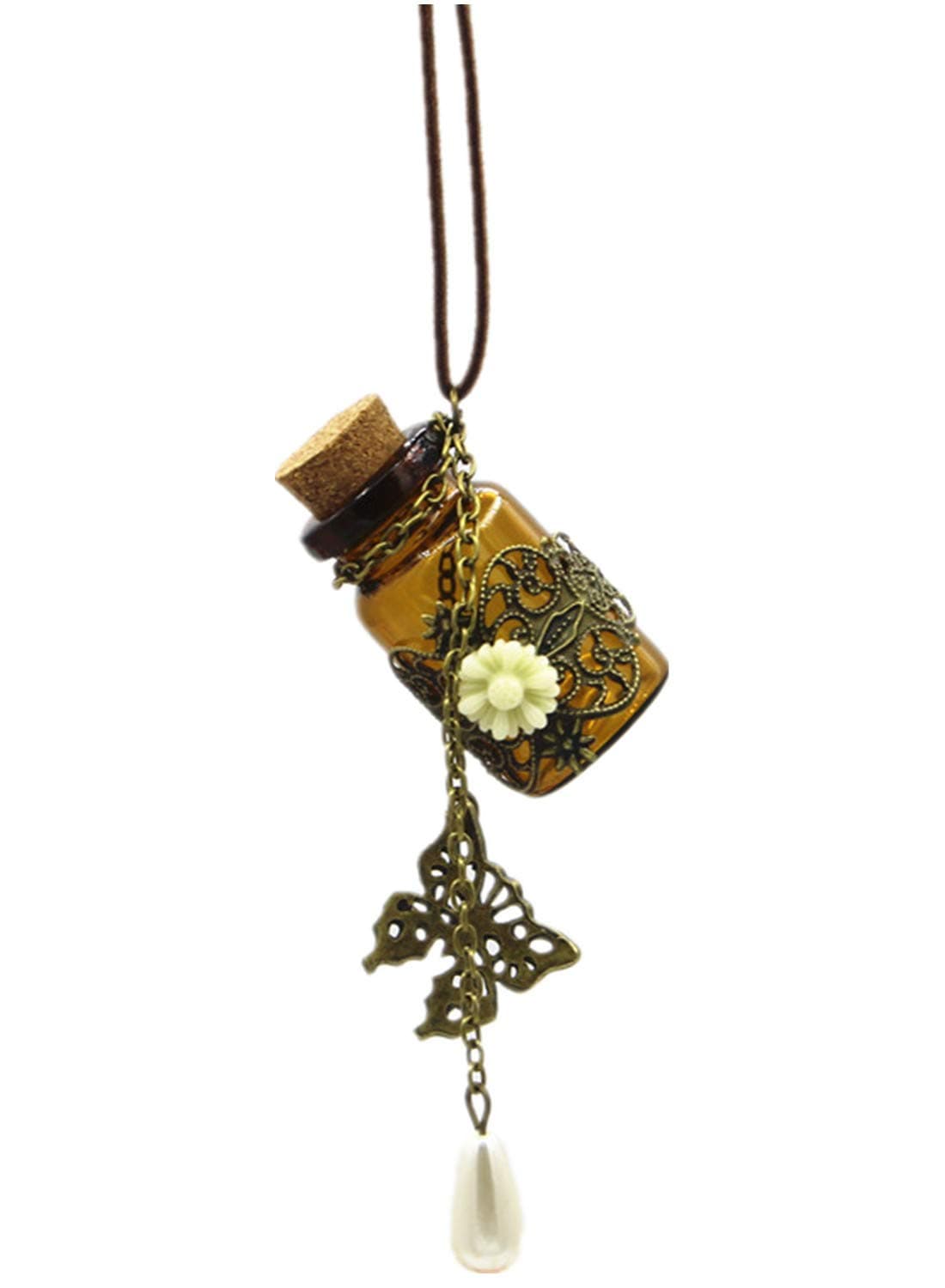 Dark Brown Cute Strong Miniature Glass Wishing Bottle Pendant with Vintage Bronze Butterfly Charms and Flower Leather Long Chain Necklace