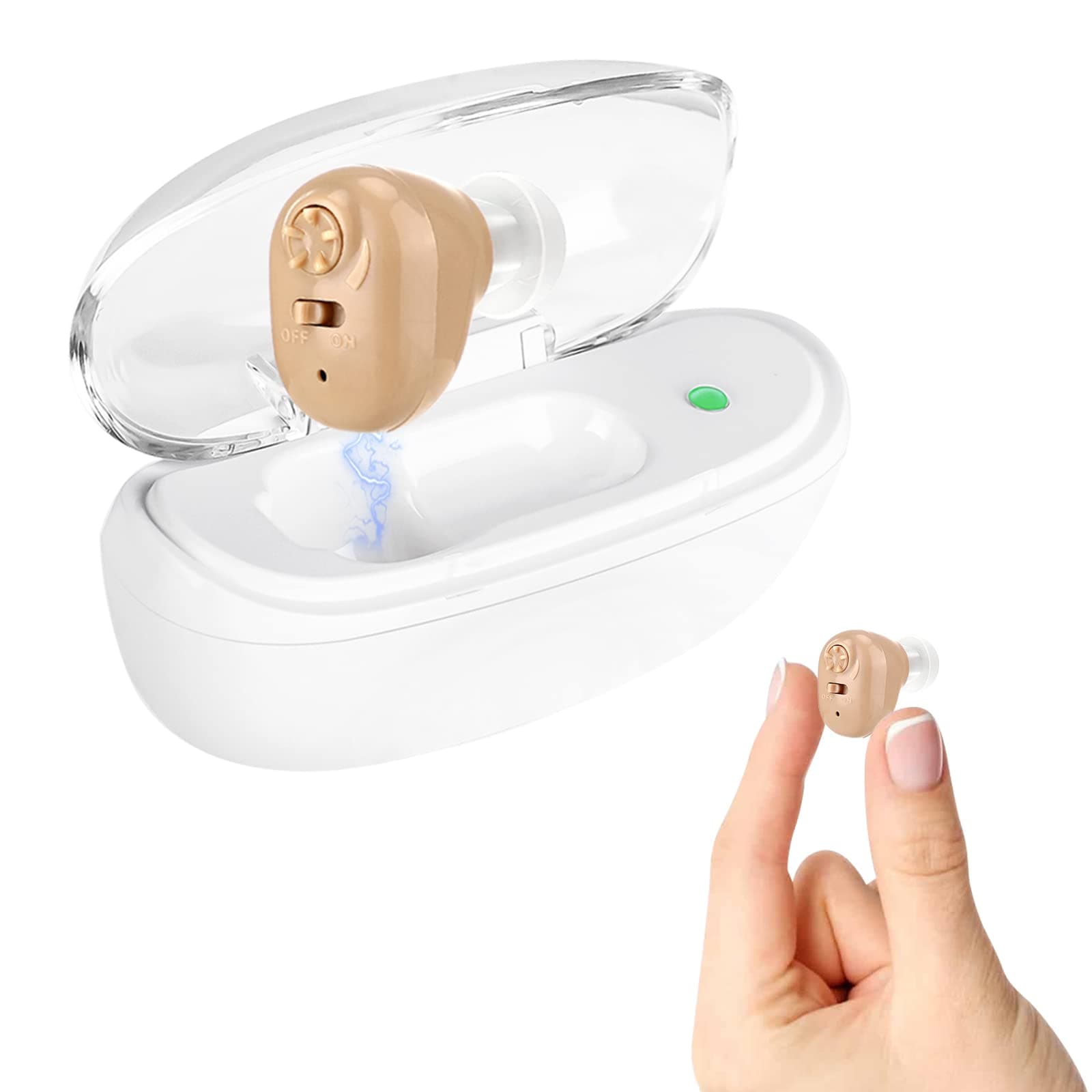 RUIANTE Hearing Aid for Seniors Rechargeable, Upgraded Amplifier Device Adults, Noise Cancelling Sound with Portable Base, Long Duaration Battery, Single Ear, Beige