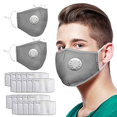 Reusable Face Bandanas, with Breathing valve for Adults, Haze Dust Face Health (2pcs+20pcs Pad, Gray)