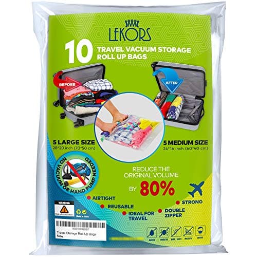 Lekors - Travel Space Saver Bags - 5 Medium and 5 Large Roll Up Storage Bags - Pack of 10 Compression Packing Bags - Double Zipper - Reusable - No Vacuum or Pump Needed