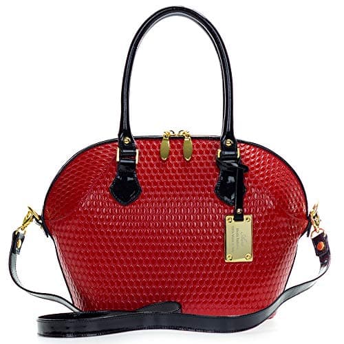 AURA Italian Made Tote Handbag in Red Patent Leather with Black Handles