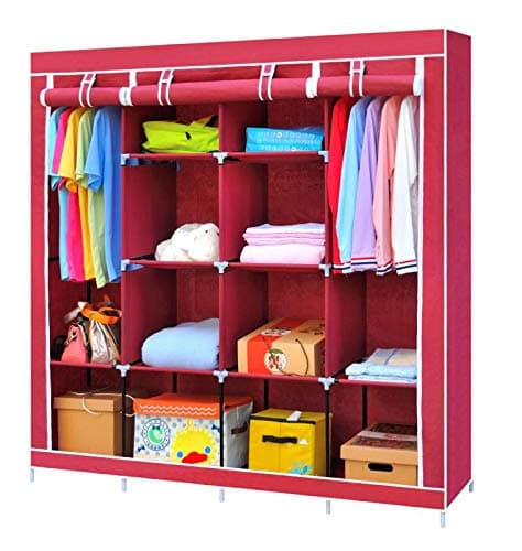 EKRON 12 Shelves Waterproof Collapsible Wardrobe Closet Clothes Storage Organizer, Quick and Easy to Assemble (Wine Red)