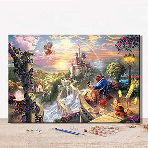 Paint by Number Kits Canvas DIY Oil Painting for Kids, Students, Adults Beginner with Brushes and Acrylic Pigment -Cartoon Picture Mickey Mouse Beauty and The Beast (6860, 16x20 with Frame)
