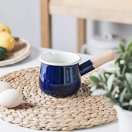 SLHEQING Enamel Milk Pan Mini Non-Stick Milkpot with Wooden Handle 10cm Coffee Warmer Butter Heating Cookware 550ml