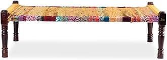 Rajasthani Wooden Khatiya Khaat | Traditional Handcrafted Wooden Charpai Bed | 6x3 Feet | Solid Wood Frame with Durable Cotton Ropes for Home, Garden, or Outdoor Use (Yellow and Multicolor)