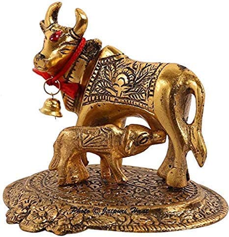 Aluminium Kamdhenu Cow and Calf Statue Spiritual Showpiece Figurine Sculpture House Warming & Home Decor Vastu Idol (6 cm, Gold)