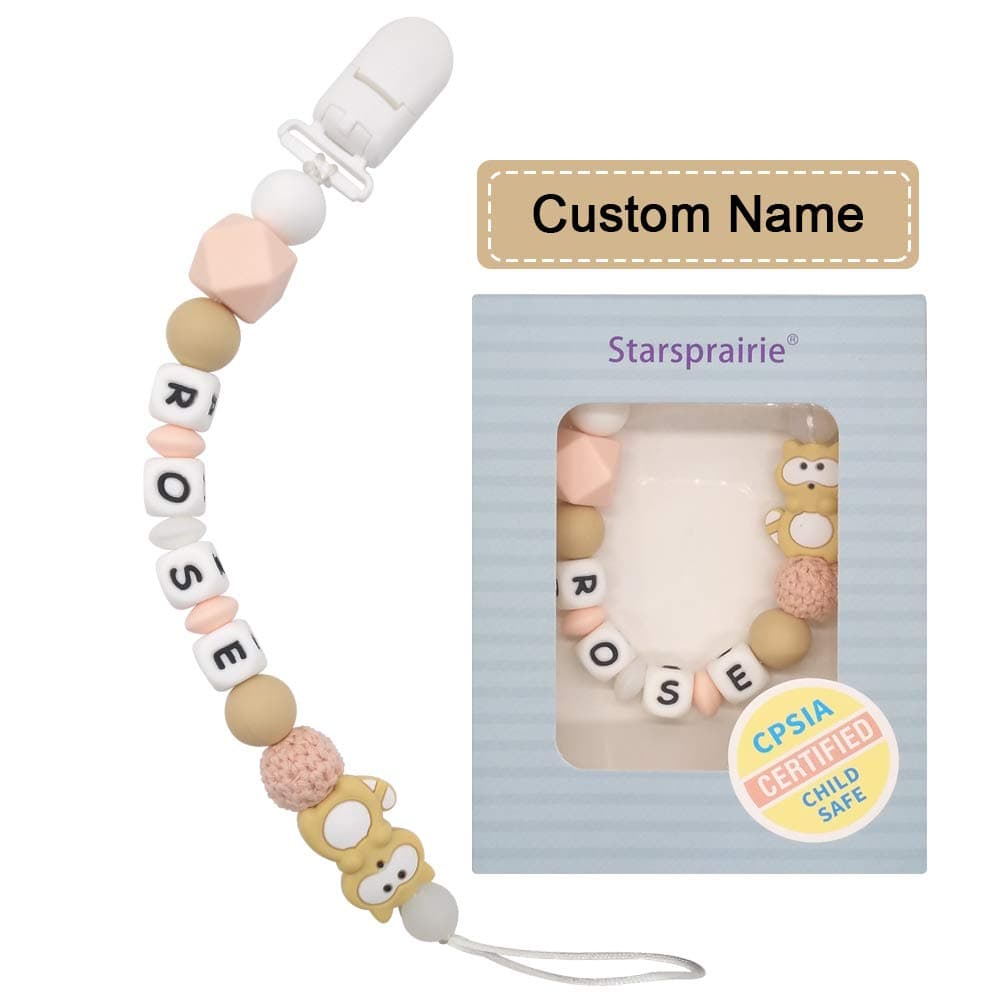Personalized Pacifier Clip with Name Baby Teething Toys Custom Name Pacifier Holder BPA Free Silicone Beads Binky Holder for Boy Girl, Soothie,Mam, Shower Gift Raccoon (Beige)