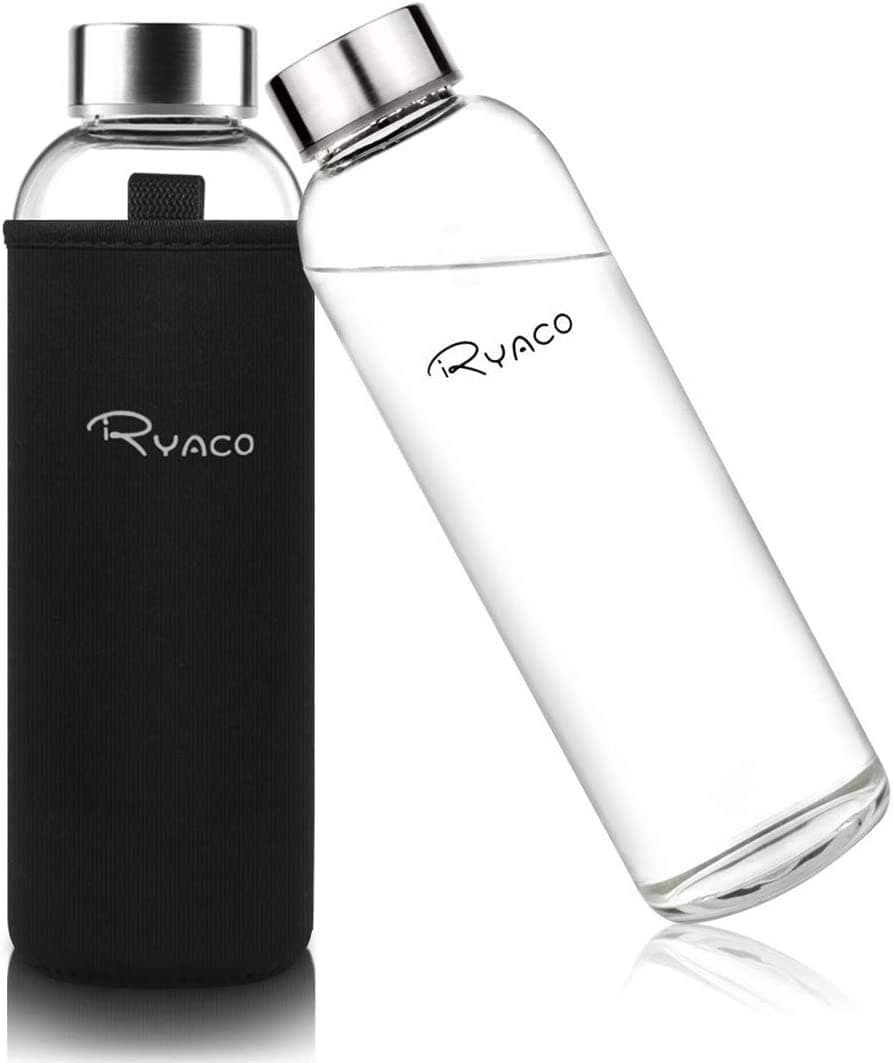 RYACO Glass Water Bottle 550ml/750ml/1000ml/1L,Borosilicate Glass Bottle with Neoprene Protective Case for Hot Cold Drinks,BPA-Free Leak Proof,Dishwasher Safe