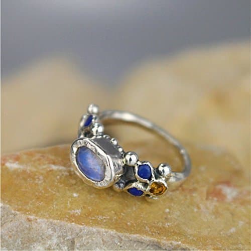 Handcrafted Artisan Rainbow Moonstone Lapis Citrine Engagement Ring in Sterling Silver