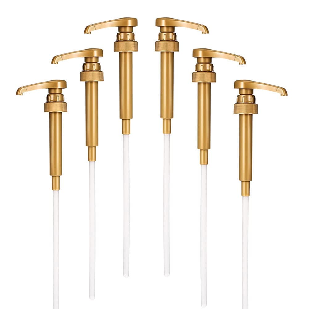 Coffee Syrup Pump Dispenser, 6 Pack Syrup Pump for 750ml/25.4 oz Syrup Bottle, Gold Pumps for Coffee Syrup Bottle, works with Torani, DaVinci, Jordans Skinny 750ml Syrups Bottles