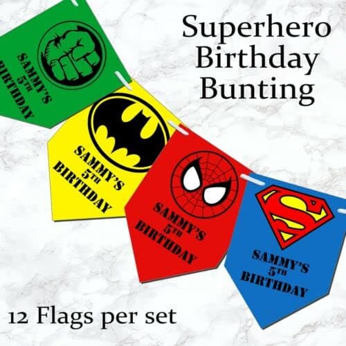 Treasured Forever Personalised Superhero Square Bunting Banner Birthday Party - Hero's Birthday (Design 1)