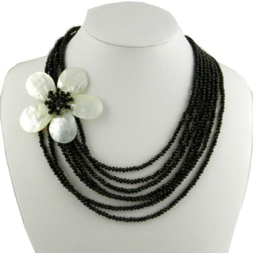 Ploy! Multi 7 Strand Necklace Natural White Flower MOP Shell Sparkly Black Crystal Layer PN18