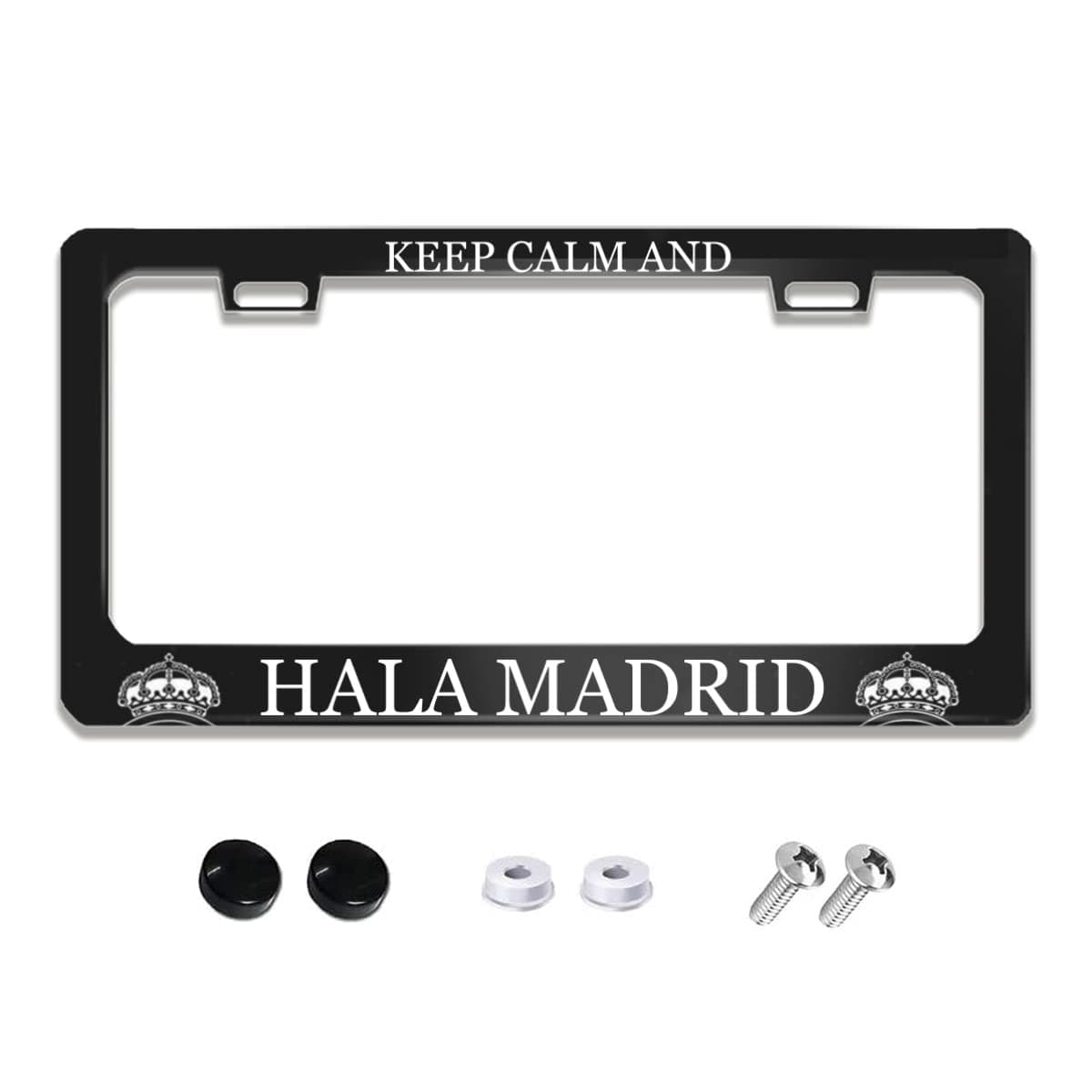 Keep Calm and HALA Madrid Humor Funny Black Aluminum Metal License Plate Frames Auto Car Tag Holder 12x6 inch