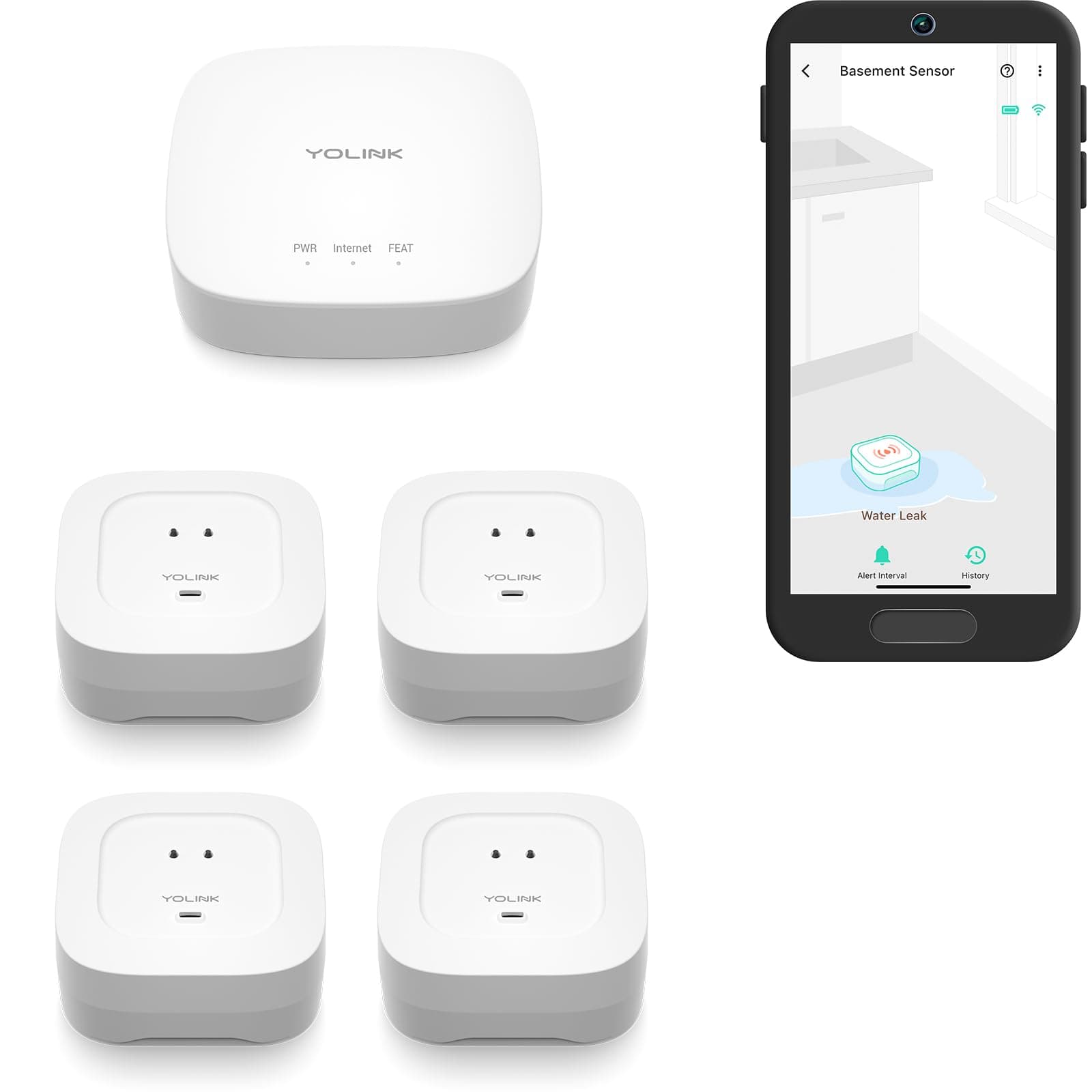 YoLink Smart Home Starter Kit: Hub & Water Leak Sensor 4 with 105dB Audio Alarm 4-Pack, SMS/Text, Email & Push Notifications, Freeze Warning, LoRa Up to 1/4 Mile Open-Air Range, w/Alexa, IFTTT