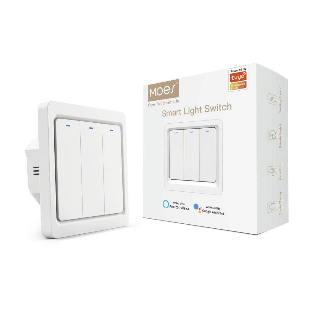 WiFi Push Button Smart Light Switch No Neutral Wire Required, Compatible with Smart Life/Tuya App Remote Control, Works with Alexa Google Home for Voice Control 3 Gang