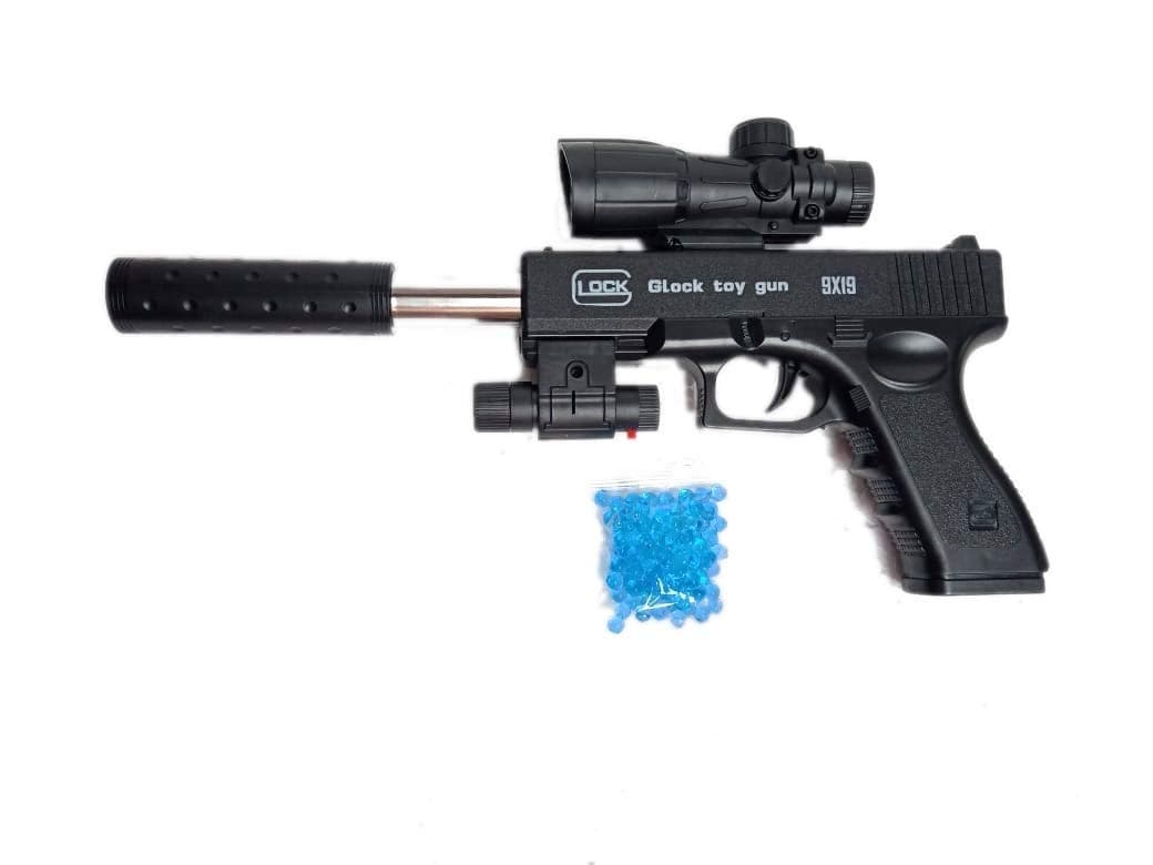 Water Bullets Pistol with Silencer, red Laser Light Toy Gun,Black,Plastic,Pack of 1 set