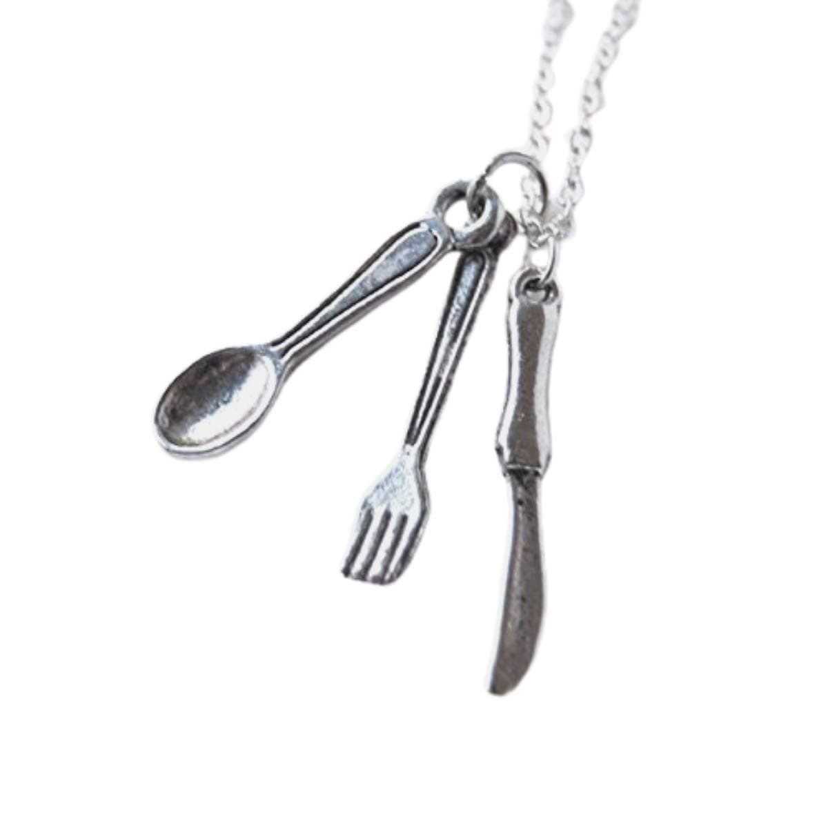 Enchanted Leaves - Tiny Silver Utensils Necklace - Cute Knife Spoon and Fork Charm Necklace