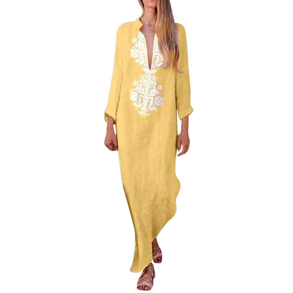 Women Boho Maxi Dress,Women’s Printed Long Sleeve V-Neck Maxi Dress Split Hem Baggy Kaftan Long Dress Party Loose Long Sleeve Cotton Viscose Dress (MS, Yellow)