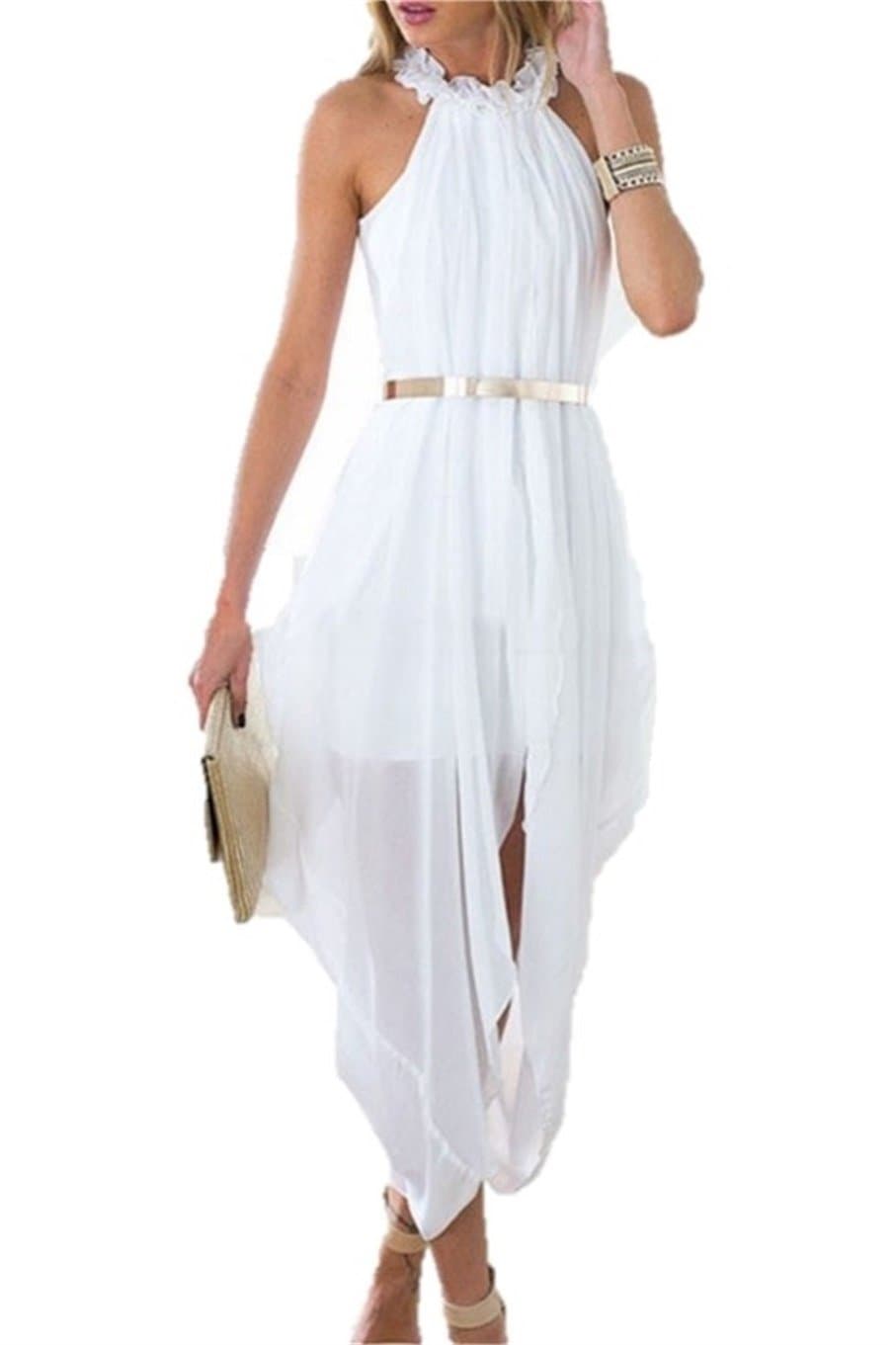 ShopallElegant Women's Sheer Chiffon Halter Sleeveless Hi Low Beach Party Dress with Gold Belt