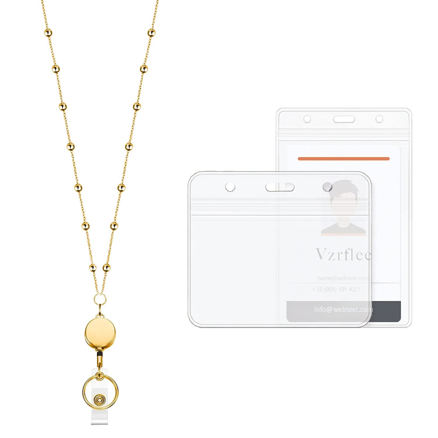Retractable Badge Reel Lanyard with 2 Pieces ID Holder for Women, Fashion Beaded Chain Premium Stainless Steel Lanyard Necklace Water Resistant Name Badge Holder (Gold)