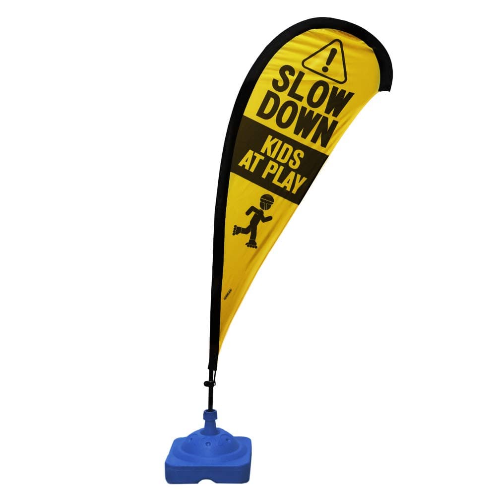 Kids Playing Extra Large 6.4 Foot Teardrop Banner Flag Safety Sign with Fiberglass Poles and Weighted Base for Yards and Driveways -"Caution, Slow, Kids at Play"