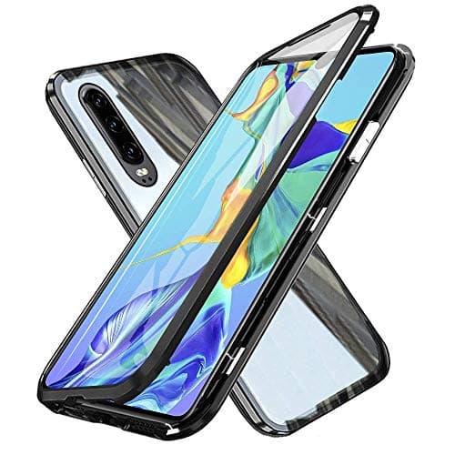 Oihxsetx Compatible for Huawei P30 Pro Magnetic Adsorption Double Side Tempered Glass Case,Ultra-Thin Magnetic Metal Frame Full Body Protection Cover Support Wireless Charging -Black