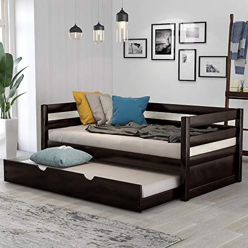 ALI Virgo Win Size Daybed Wood Frame Set Furniture,with Roll Out Trundle,Premium Slat Support, Save Space for Bedroom,Apartment, Dormitory, Warm Chocolate