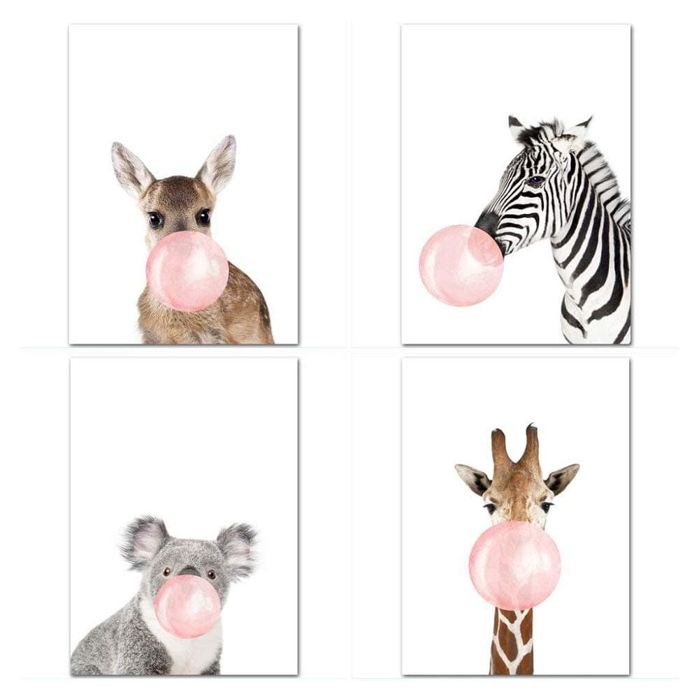 Ciujoy Cartoon Animal Wall Prints Unframed 4 Panels for Kids Room Cute Inspirational Canvas Pictures Art Decoration Posters For Children Bedroom Nursery Home Living Room Bedroom Decor 21x30cm