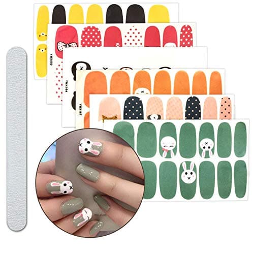 6 Sheets Full Nail Wraps Art Polish Stickers Decal Strips Adhesive False Nail Design Manicure Set With 1Pc Nail Buffers Files For Women Girls